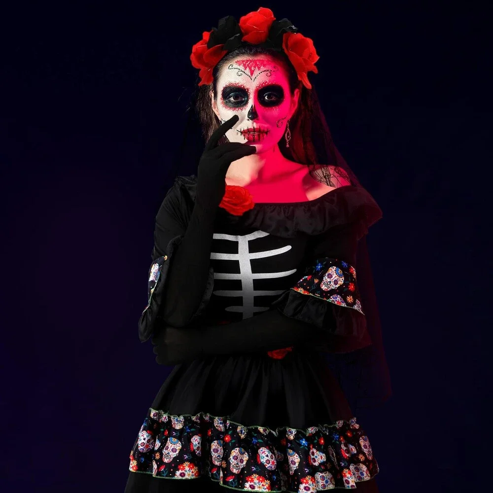 Xaatren 5 Pcs Women's Day of the Dead Costume Halloween Black Skull Skirt Gloves